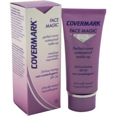 Purple tube of Covermark Face Magic N. 8 waterproof cream foundation, 30 ml, with a matching box, featuring key details like "perfect cover" and "SPF 20" on the packaging.