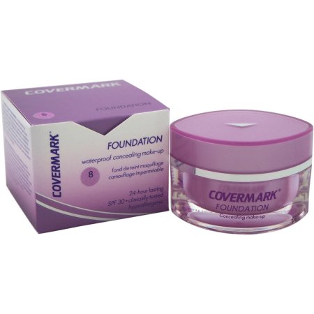 Purple and clear jar of Covermark Foundation No:8 with a matching box, featuring a waterproof formula, 24-hour lasting, and SPF 30 for concealing makeup.