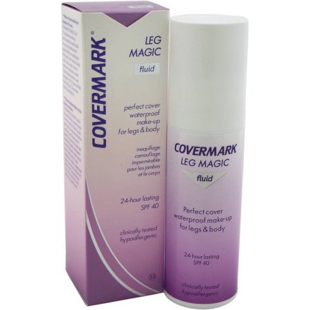 Covermark Leg Magic Fluid in a 75ml bottle features a sleek design with a purple gradient, labeled for waterproof camouflage makeup for legs and body, offering 24-hour lasting coverage and SPF 40.