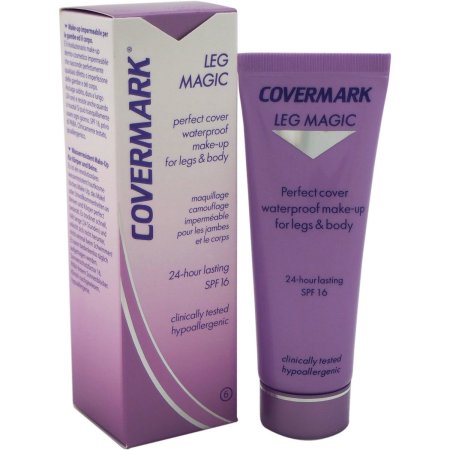 Purple tube of Covermark Leg Magic No:6 (50ml) with a matching box, labeled as waterproof makeup for legs and body, featuring SPF 16 and claims of 24-hour lasting coverage.