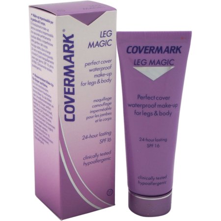 Purple tube of Covermark Leg Magic 11 (50ml) with a matching box, featuring waterproof makeup for legs and body, labeled with SPF 16 and hypoallergenic details.
