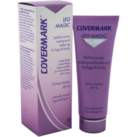 Purple tube of Covermark Leg Magic No:14 (50ml) with a matching box, featuring waterproof makeup for legs and body, labeled with SPF 16 and hypoallergenic details.