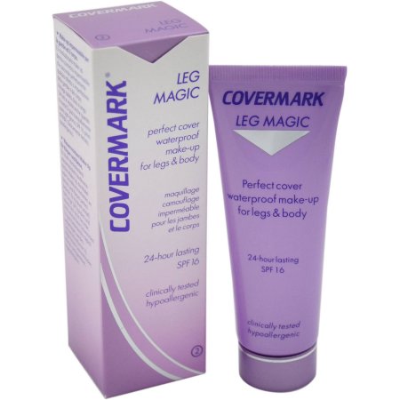 Purple box and tube of Covermark Leg Magic SPF 16, 50ml, featuring "perfect cover waterproof make-up for legs & body" and "24-hour lasting" text.