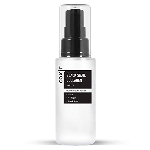 Clear glass bottle with a black pump top, labeled "Coxir Black Snail Collagen Serum," featuring a minimalist design with black and white text.