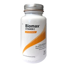White bottle with a silver cap, featuring an orange wave design and the label "Biomax Vitamin C Liposomal" prominently displayed, containing 60 capsules.