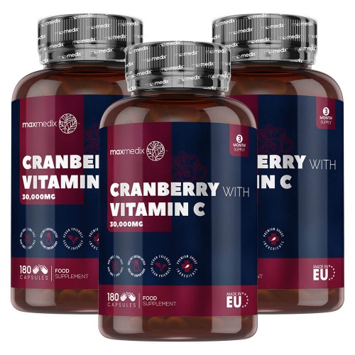 Three bottles of cranberry capsules with Vitamin C, each containing 180 capsules, featuring a dark blue and red label with white text, highlighting 30,000mg of cranberry extract.