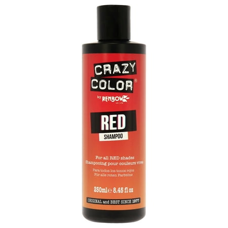 Red shampoo bottle with a black cap, labeled "Crazy Color Red Shampoo," 250 ml, featuring a gradient design from red to orange, suitable for all red shades.
