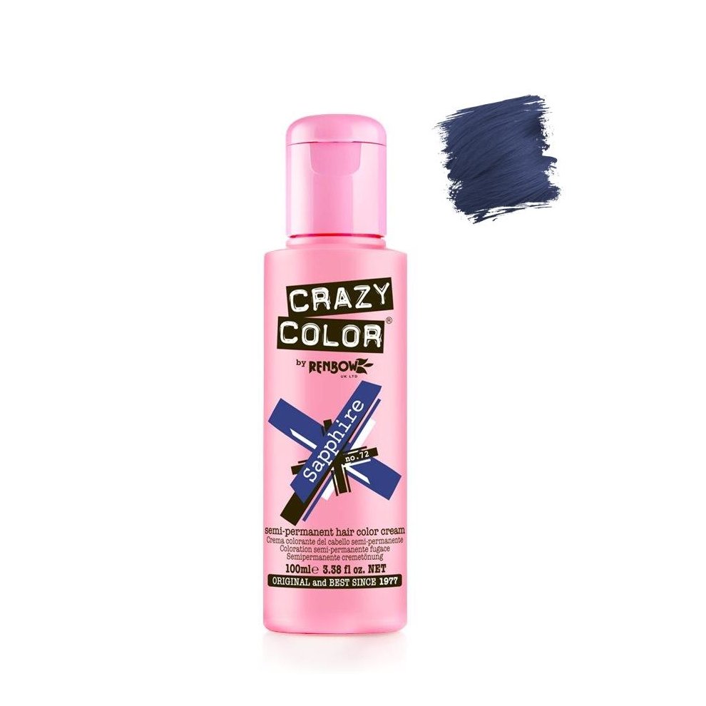 Bright pink bottle of Crazy Color semi-permanent hair dye, 100 ml, labeled "Sapphire," with a deep blue swatch of the dye beside it.