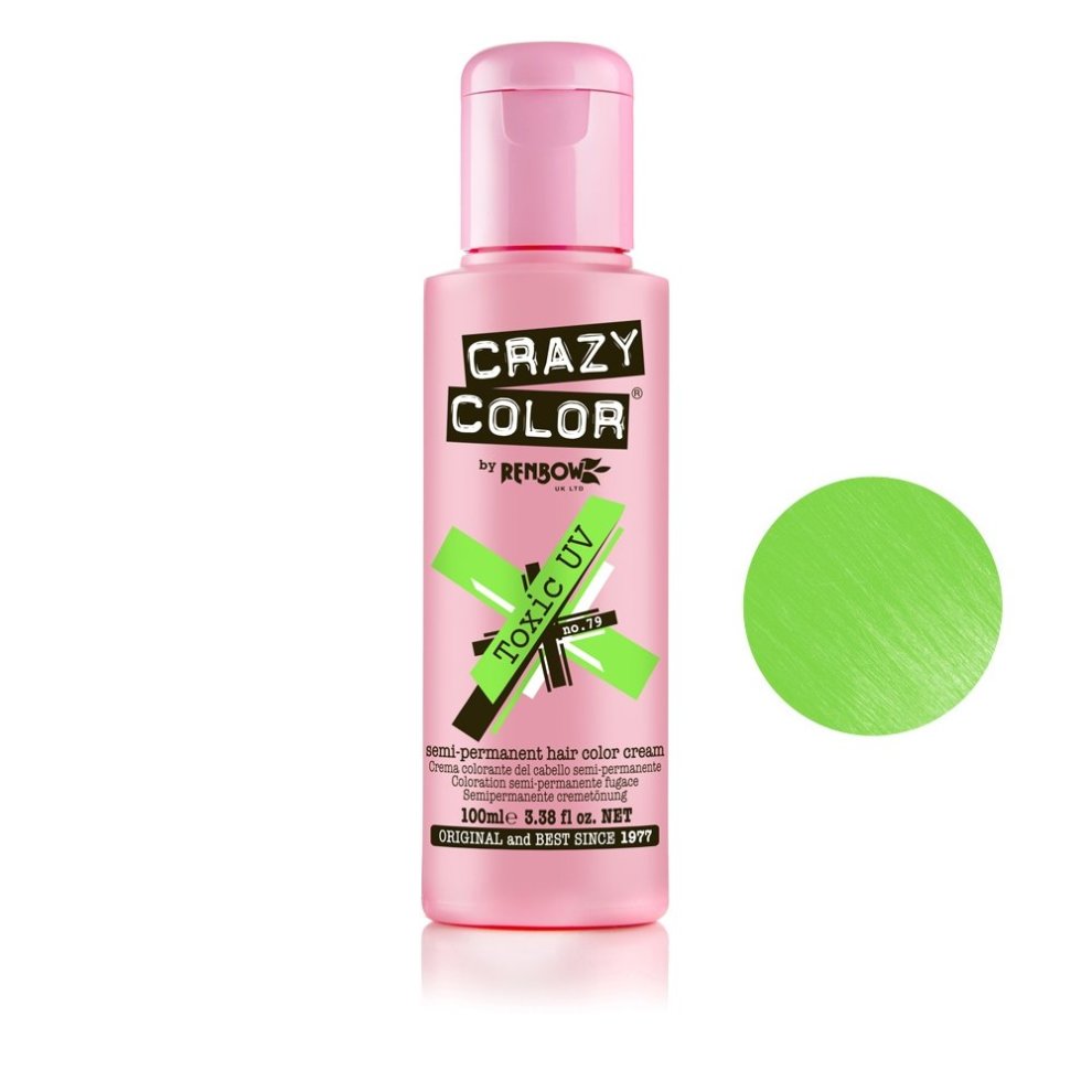 Bright pink bottle of Renbow Crazy Color semi-permanent hair dye, featuring a green cap and label with bold black text, alongside a swatch of vibrant green hair color.