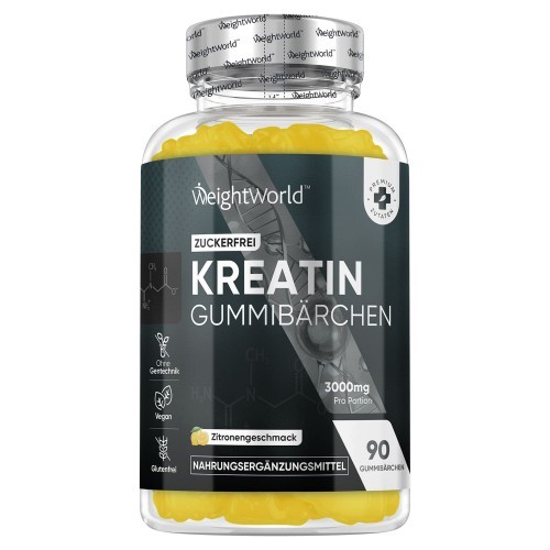 Clear plastic bottle containing 90 yellow lemon-flavored creatine gummies, labeled "WeightWorld," with a silver cap and nutritional information on the front.