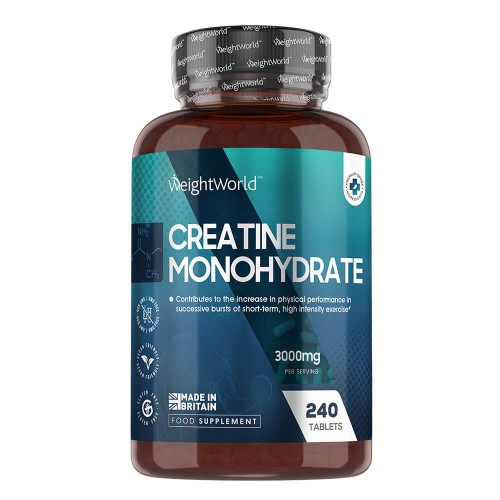 Dark blue and white bottle of Creatine Monohydrate by WeightWorld, containing 180 tablets, labeled with 3000mg per serving and "Made in Britain" logo.