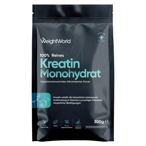 Black resealable pouch featuring "WeightWorld" branding, labeled "100% Reines Kreatin Monohydrat," with a neutral flavor and 300g weight, set against a plain background.