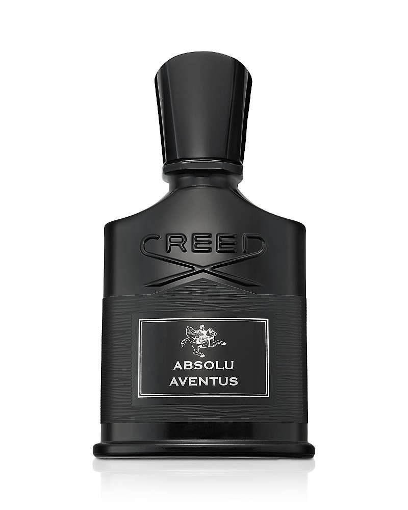 Black glass bottle with a sleek design, featuring a textured black label and embossed "CREED" logo, topped with a rounded black cap, labeled "ABSOLU AVENTUS."
