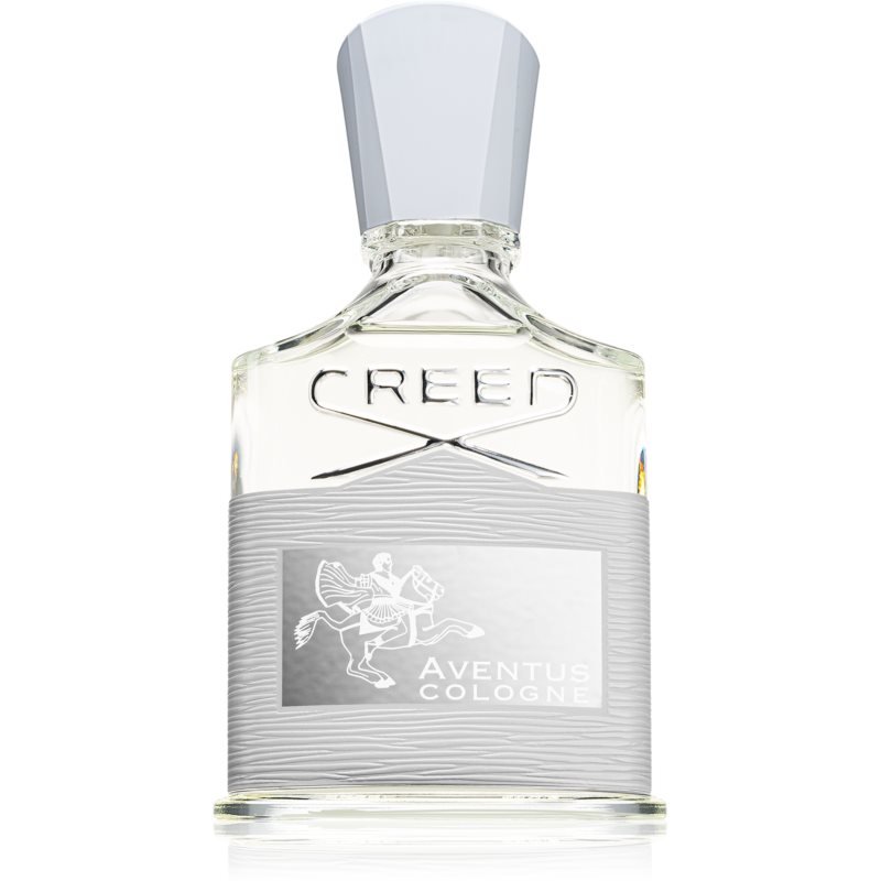 Clear glass bottle of Creed Aventus Cologne Eau De Parfum featuring a textured silver label and a light gray cap, showcasing an elegant and sophisticated design.
