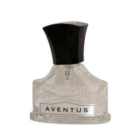 Clear glass bottle with a sleek design, featuring a black cap and a silver label that reads "CREED AVENTUS," containing 2.5 oz of men's fragrance.