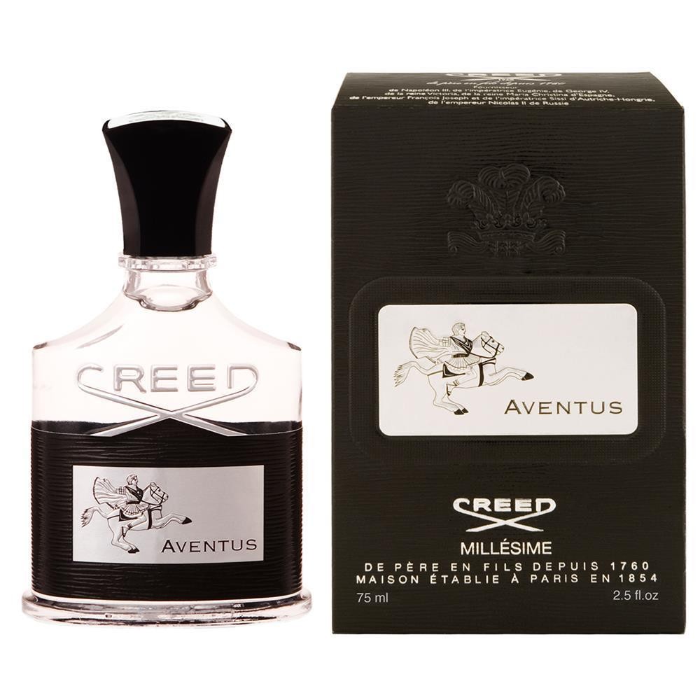 Clear glass bottle with a black cap, featuring a silver label with "CREED AVENTUS" and a horseman design, alongside a matching black and gold box.