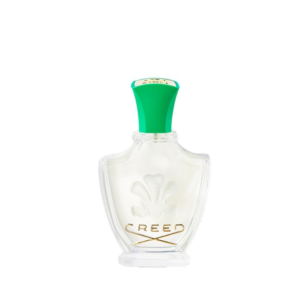 Clear glass bottle with a floral design, featuring a green cap and gold accents, containing 250 ml of Fleurissimo Eau De Parfum by CREED.