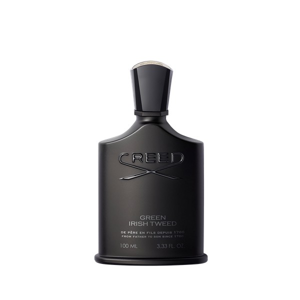 Clear glass bottle of Creed Green Irish Tweed Eau De Parfum, featuring a sleek black cap and embossed logo, with a 240ml capacity.