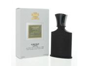 Black rectangular bottle with a curved top, featuring a gold label reading "Creed Green Irish Tweed," alongside a white box with gold accents and logo.