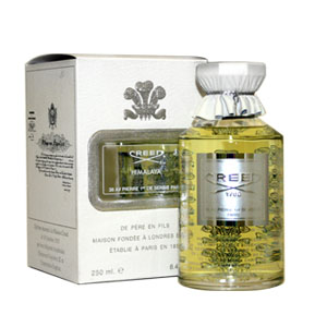 Creed Himalaya Cologne for Men in a clear glass bottle with a silver label, featuring a decorative cap, alongside its elegant white box with embossed details.