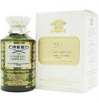 Green glass bottle with a gold cap, featuring embossed detailing, alongside a white box with gold accents, labeled "Creed Millsime Imperial Eau De Parfum 500ml."