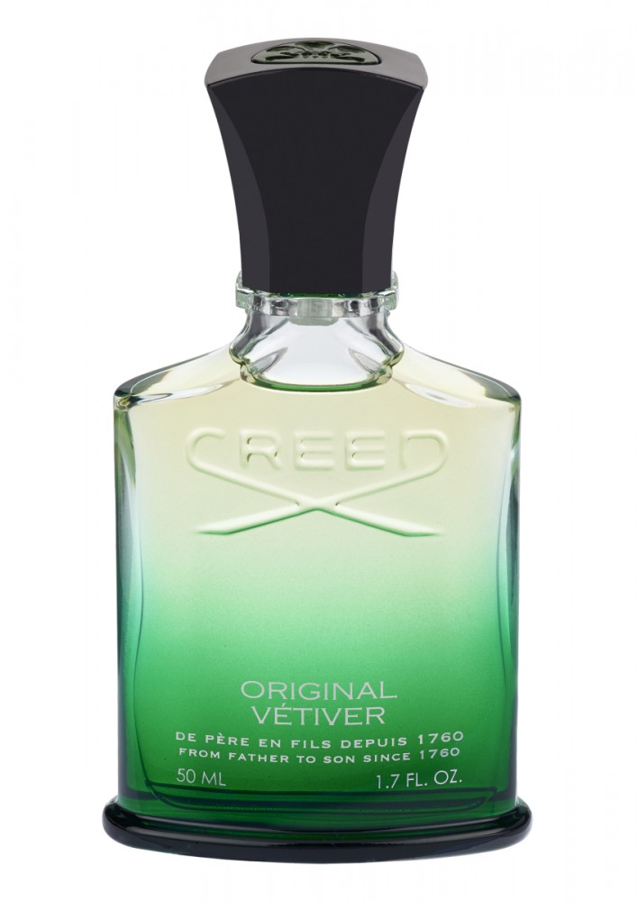 Clear glass bottle with a gradient green base, black cap, and embossed CREED logo, labeled "Original Vetiver" and holding 50 mL of Eau De Parfum.