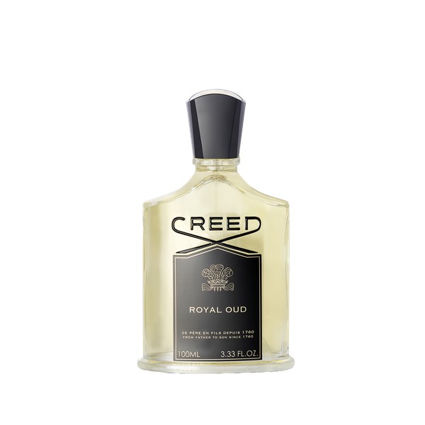 Clear glass bottle with a black cap, featuring a label that reads "CREED ROYAL OUD" in elegant font, containing a light yellow perfume liquid.