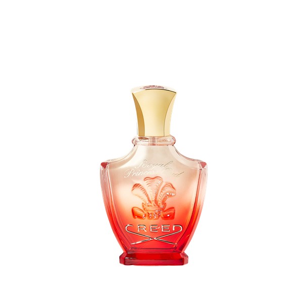 Clear glass bottle with a gold cap, featuring a red gradient base and embossed floral design, labeled "Creed - Royal Princess Oud Eau De Parfum 250 Ml."