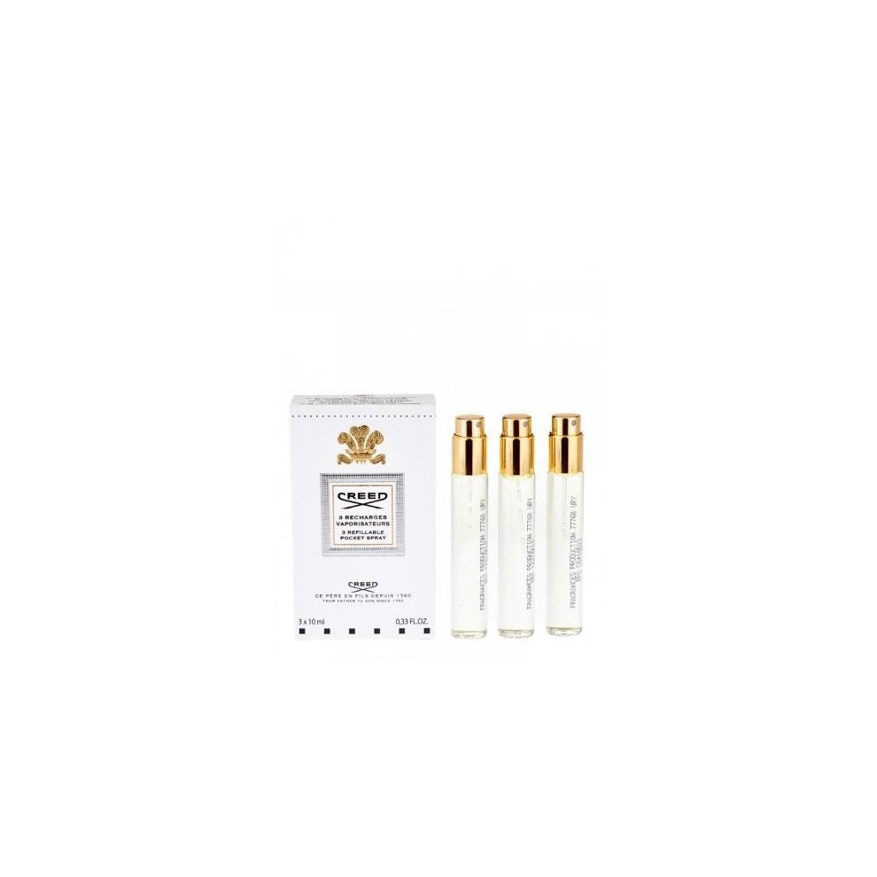 Three 10ml refillable pocket sprays of Creed Spring Flower EDP in clear glass vials with gold caps, presented in a white box featuring the Creed logo and floral design.
