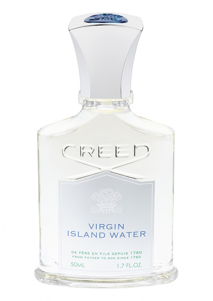 Clear glass bottle with a white cap, featuring a blue emblem and a label that reads "Creed Virgin Island Water Eau De Parfum" in light blue text.