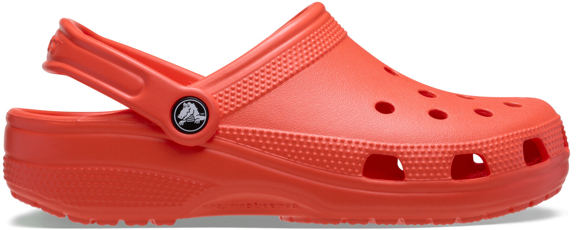 Bright orange Crocs Classic Casual Clogs made of lightweight material, featuring ventilation holes, a back strap, and a textured sole for comfort.