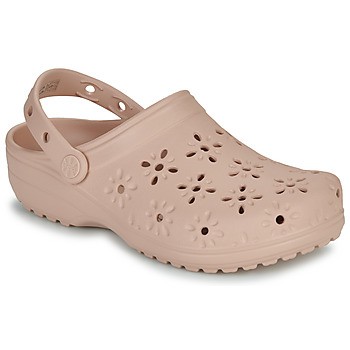 Pink Crocs Classic Floral Cut Out Clog featuring a floral design, made of lightweight material with a back strap for secure fit and a comfortable sole.