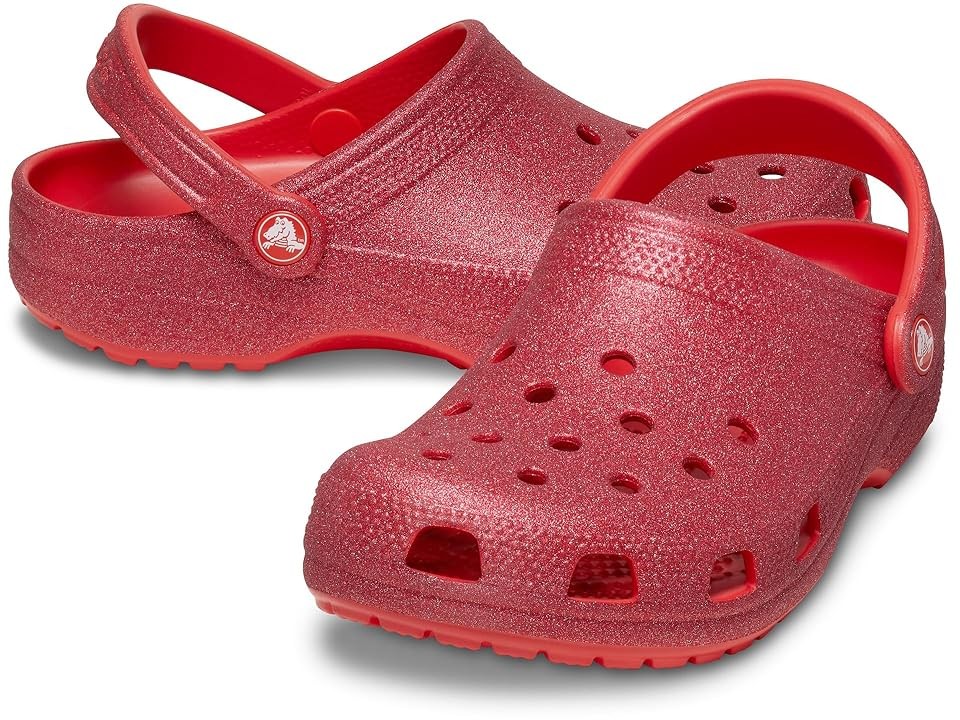 Red glittery Crocs Classic Clogs featuring a back strap, ventilation holes, and a textured surface for comfort and style.