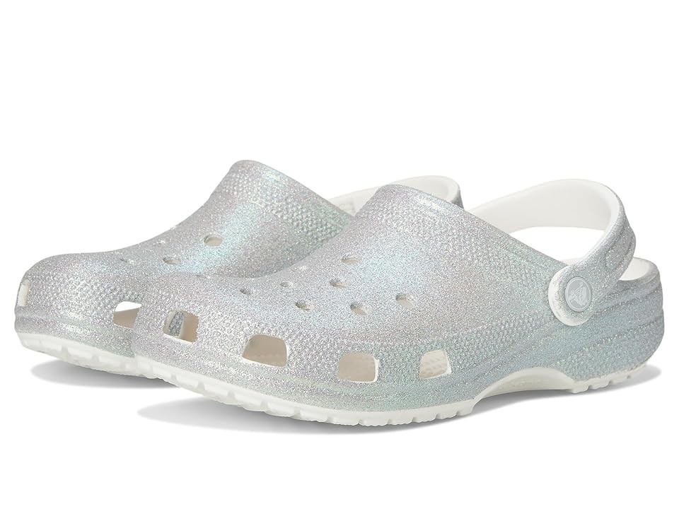 White Crocs Classic Glitter Clog featuring a shimmering silver glitter finish, ventilation holes, and a comfortable, lightweight design with a back strap.
