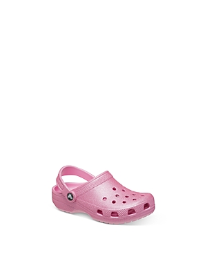 Pink glitter clog with ventilation holes, a back strap, and a signature Crocs logo, designed for toddlers.
