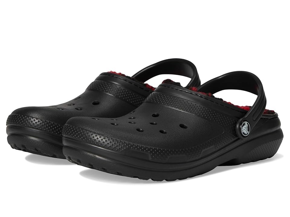 Black thermoplastic clogs with a lined interior, featuring ventilation holes, a back strap, and a textured sole, accented with a red lining.