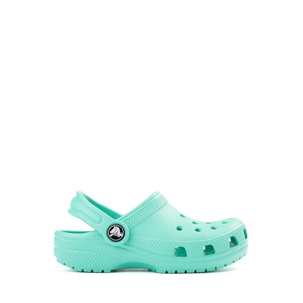 Lagoon blue Crocs kids' classic toddler clogs featuring a lightweight design, ventilation holes, and a back strap for secure fit, size 8 infant.