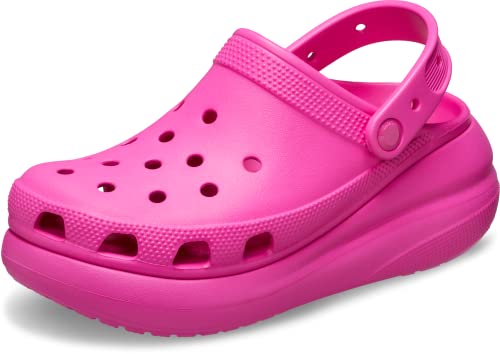 Bright pink Crocs Women's Classic Crush Clog featuring a lightweight design, ventilation holes, and a back strap for a secure fit.