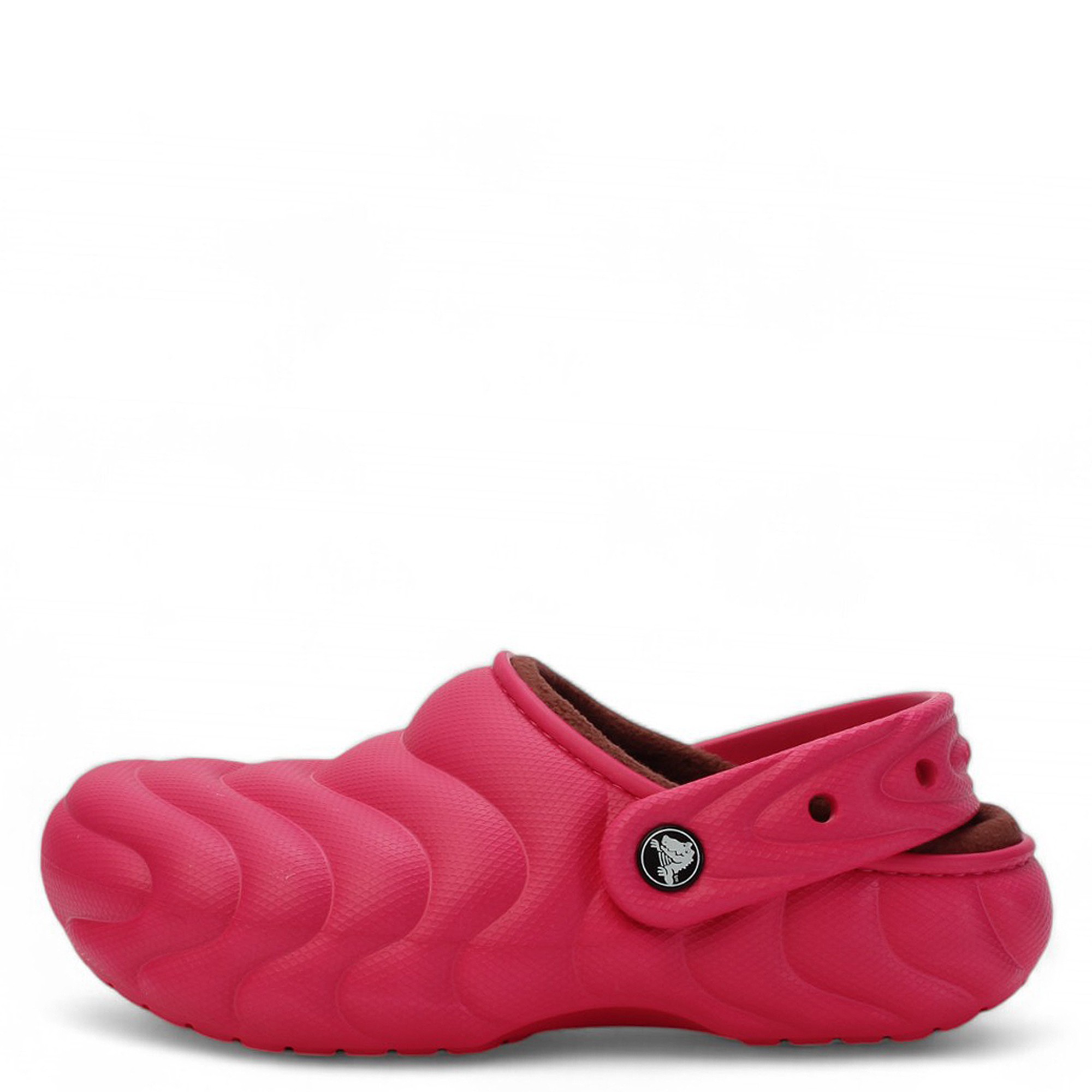 Bright red unisex Classic Lined Overpuff Clog by Crocs features a textured, cushioned exterior, a soft lining, and a back strap for secure fit.
