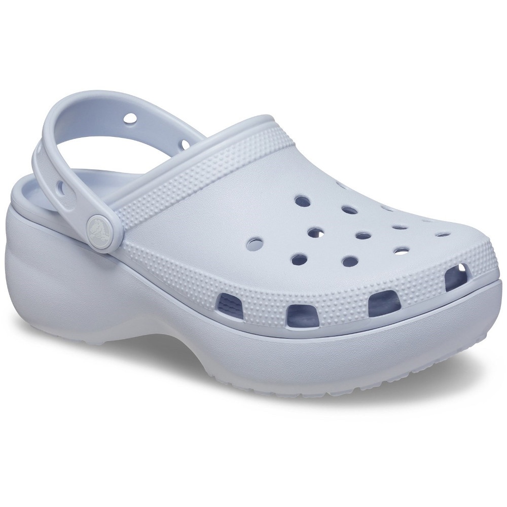 Pale blue Crocs 'Classic Platform' Beach clogs featuring a lightweight design, ventilation holes, and a raised platform sole for comfort and style.
