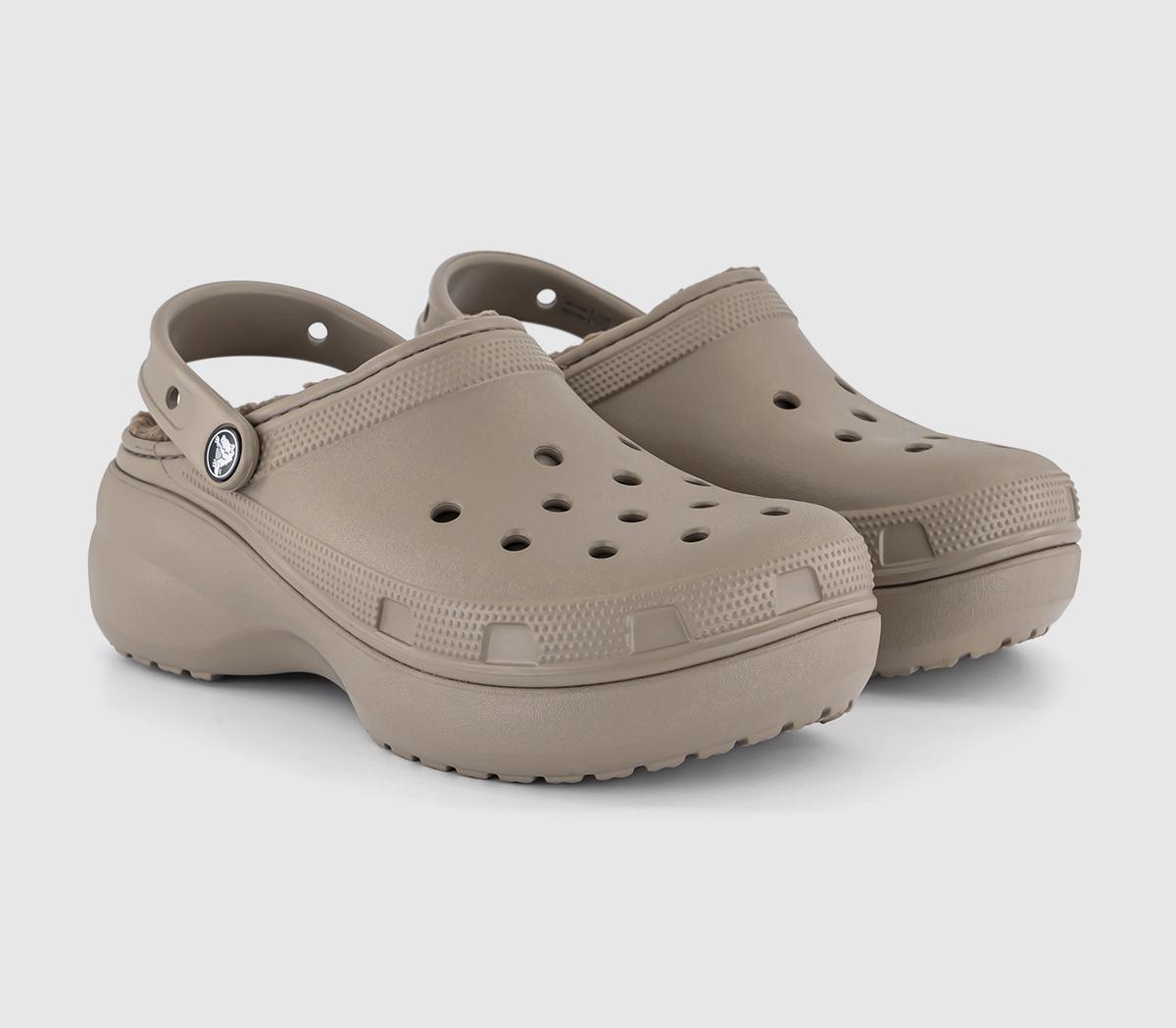Mushroom brown Crocs women's classic platform lined clogs featuring a cushioned sole, ventilation holes, and a back strap for secure fit.