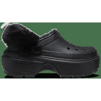 Black Crocs Stomp Lined Platform Clog featuring a soft fur lining, raised platform sole, and ventilation holes for breathability.