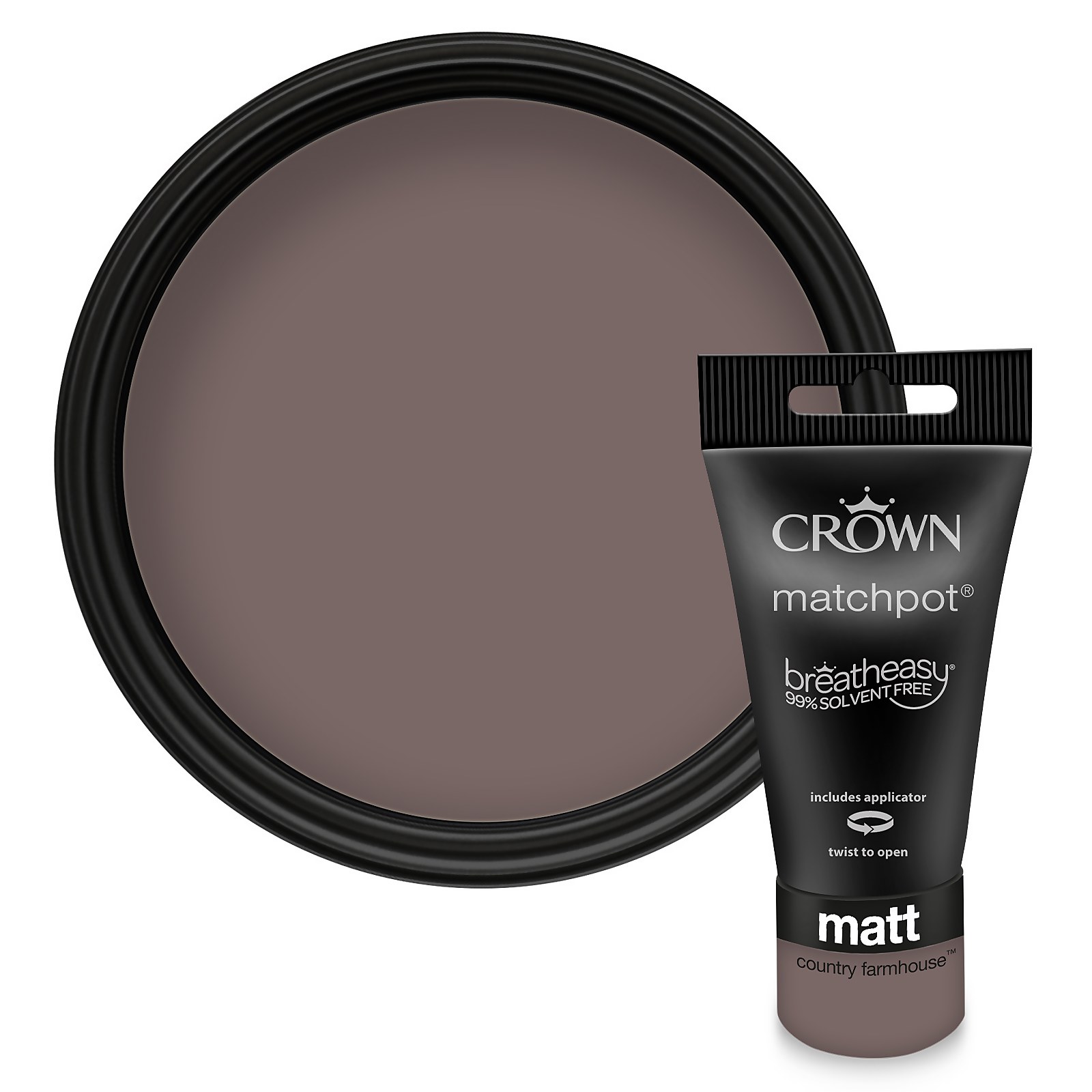 Crown Walls and Ceilings Matt Emulsion Paint sample in a 40ml tube, featuring a rich, muted brown color labeled "Country Farmhouse," with a round paint swatch above.