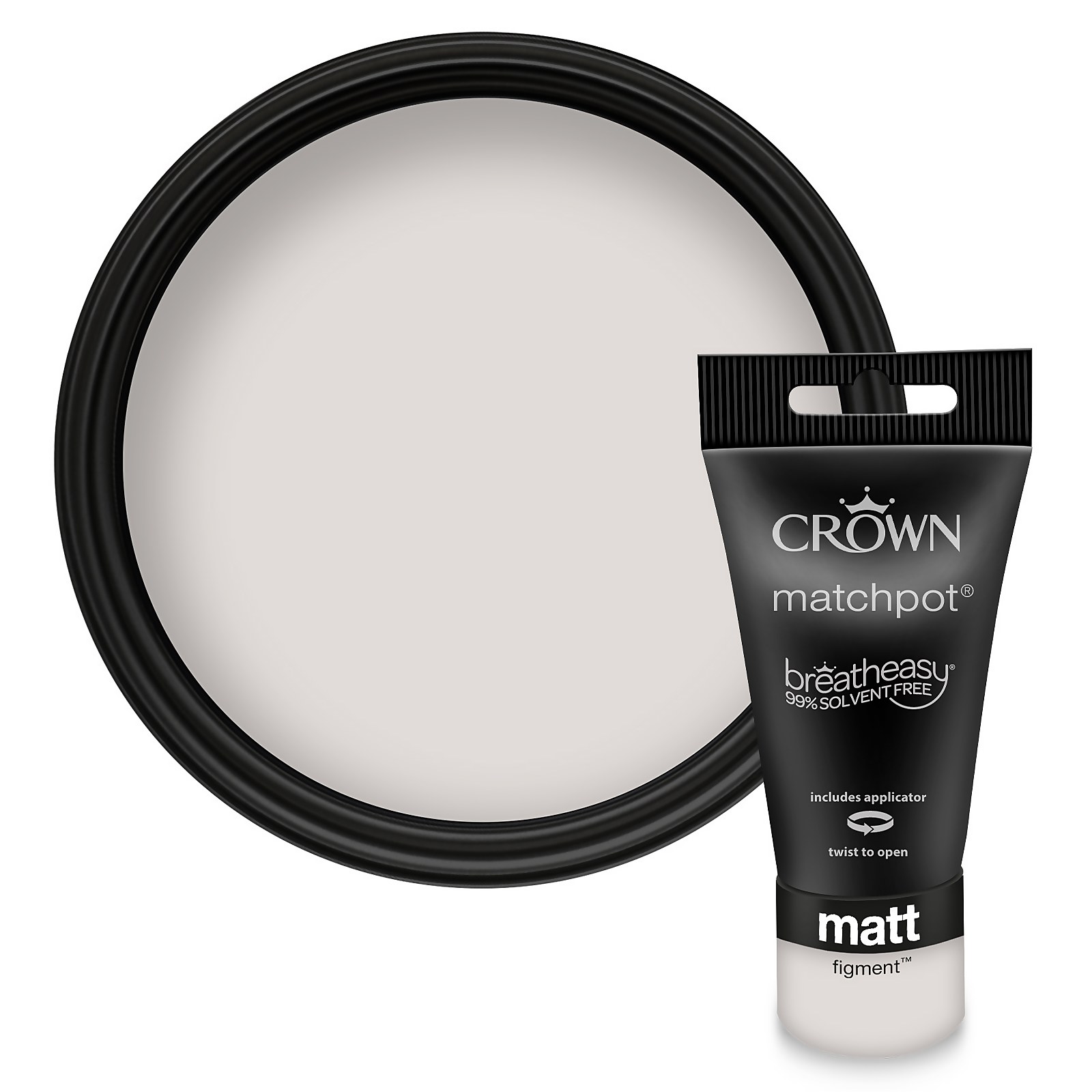 Crown Walls and Ceilings Matt Emulsion Paint sample in Figment, featuring a 40ml tube with a twist cap and a circular black lid showing a soft, neutral grey color.