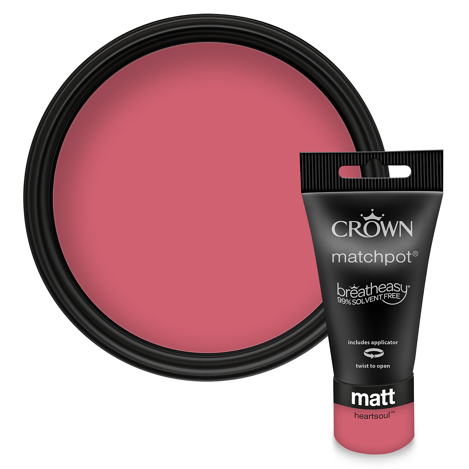Crown Walls and Ceilings Matt Emulsion Paint sample in "Heartsoul," featuring a 40ml tube and a round black container with a vibrant pinkish-red paint swatch.