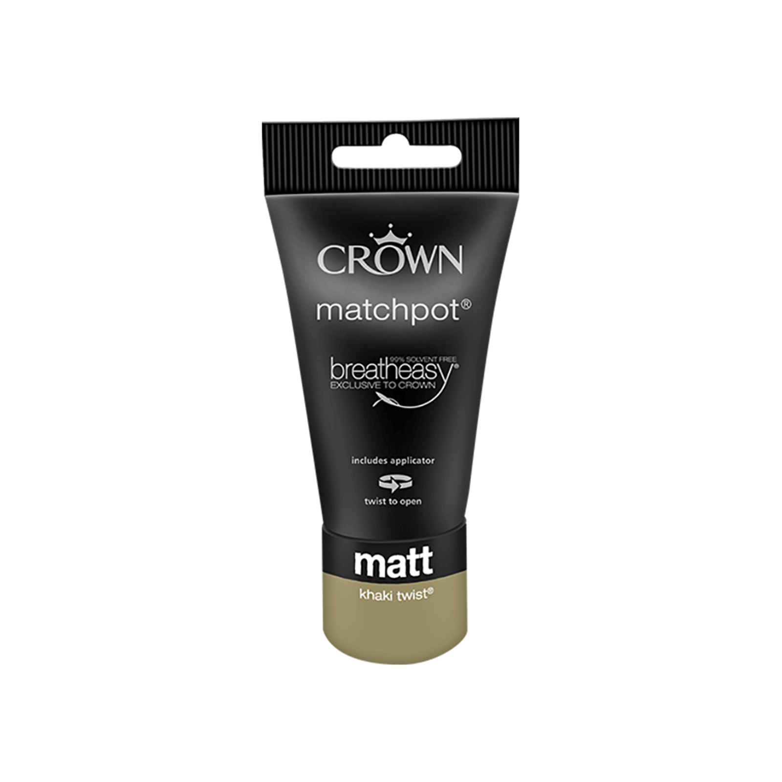 Crown Standard Matt Emulsion in Khaki Twist, 0.04L, features a black tube with a gold twist cap and an applicator, labeled with "matchpot" and "breatheasy" branding.
