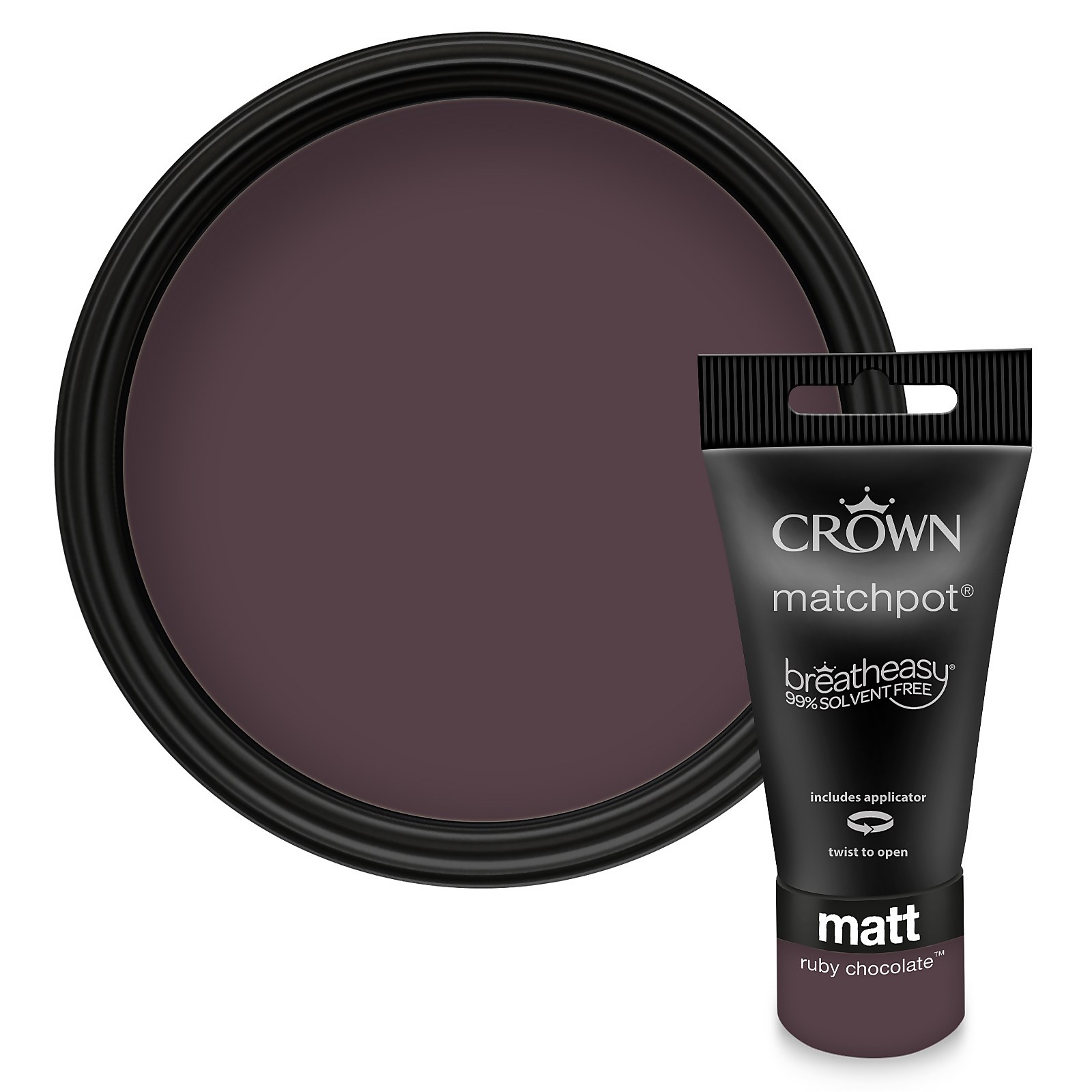 Crown Walls and Ceilings Matt Emulsion Paint in Ruby Chocolate, featuring a dark burgundy color in a 40ml sample tube with a black cap and a round paint pot.