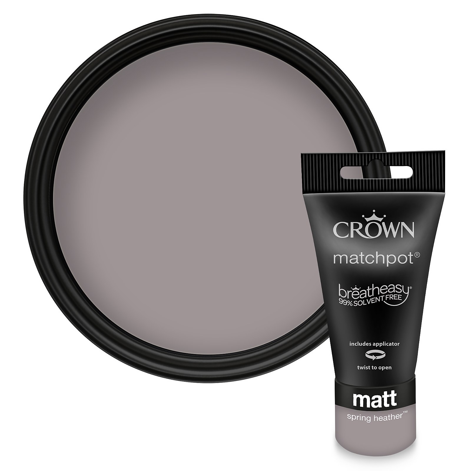 Crown Walls and Ceilings Matt Emulsion Paint sample in Spring Heather, featuring a greyish-purple color in a tube with a black cap and a circular paint pot.