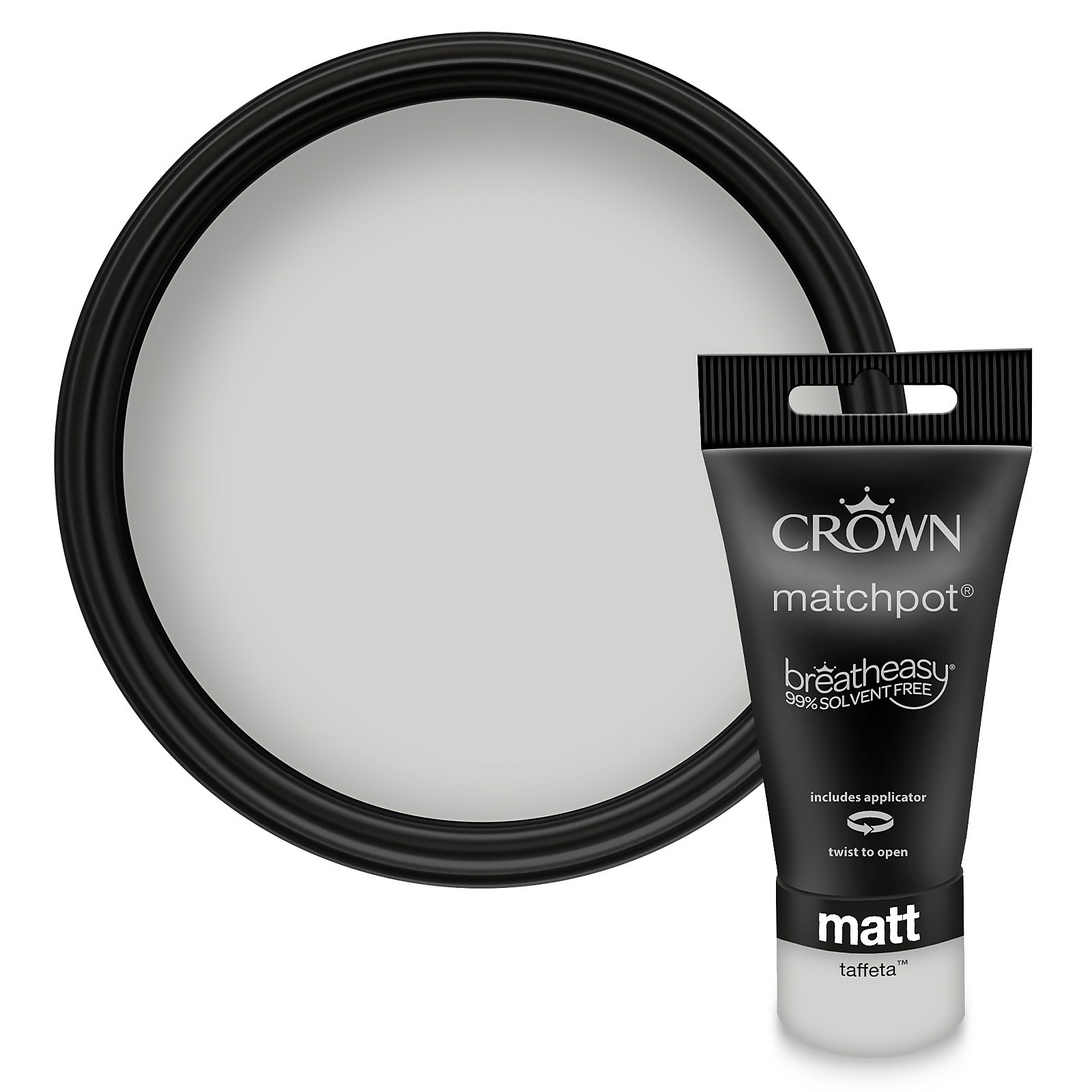 Crown's Taffeta 40ml sample emulsion paint in a black tube with a twist cap, featuring a matte finish, alongside a circular black paint swatch.