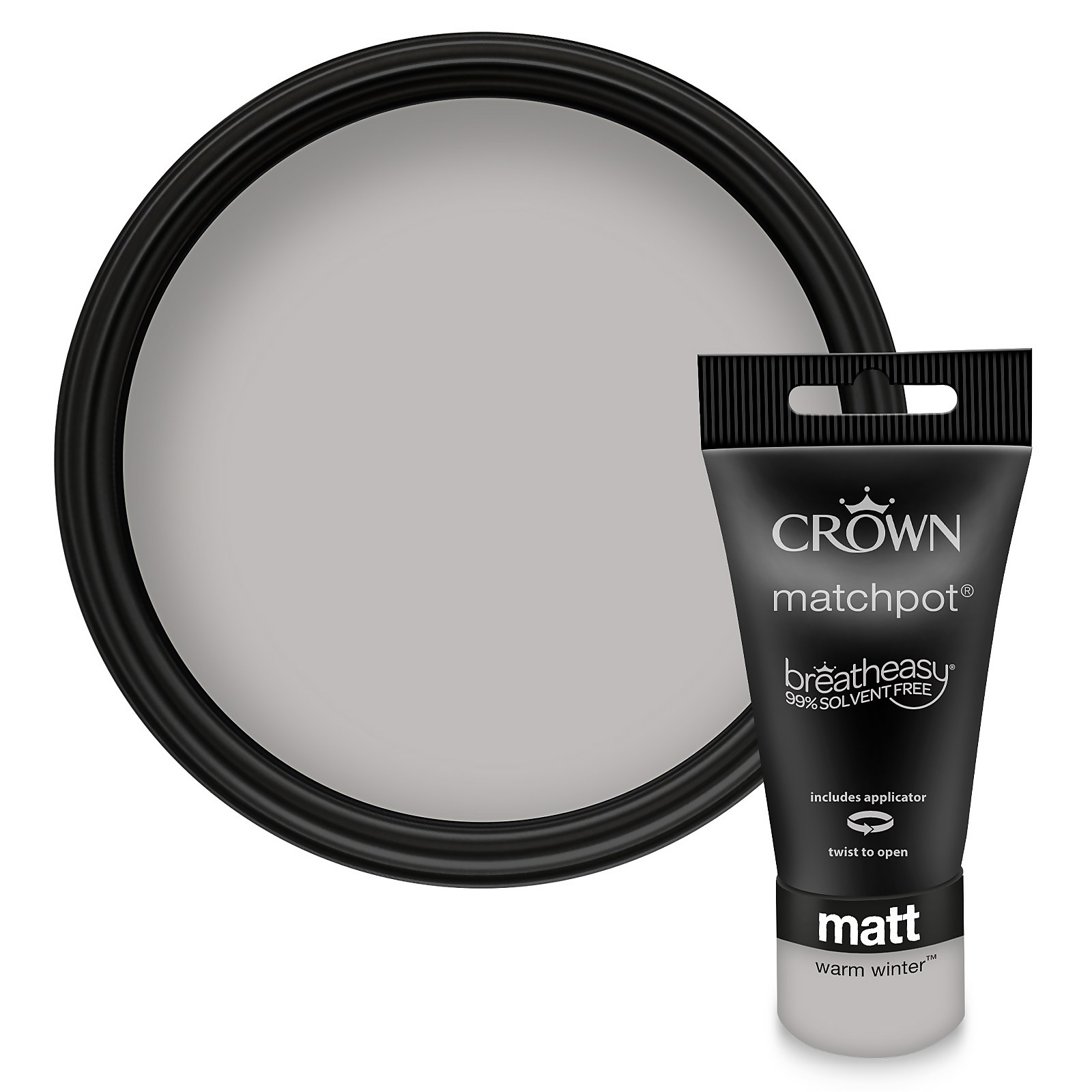 Warm Winter 40ml sample of Crown Walls and Ceilings Matt Emulsion Paint in a black tube, featuring a twist cap and an applicator, alongside a round black paint pot.